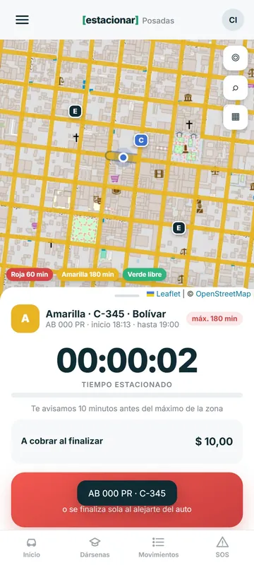 Aplicación del vecino con un estacionamiento en curso: zona amarilla, cronómetro y monto a cobrar.