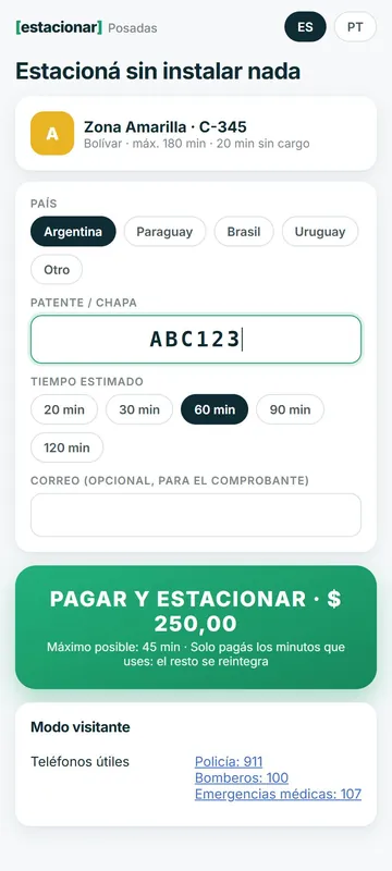 Modo visitante: elección de país, patente y tiempo estimado, con el botón Pagar y estacionar.