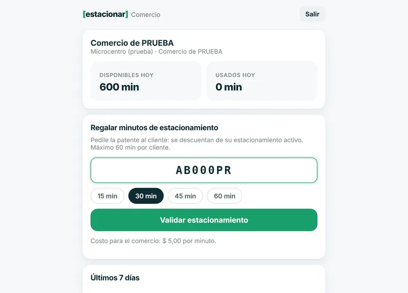 Panel de un comercio adherido para regalar minutos de estacionamiento a sus clientes.